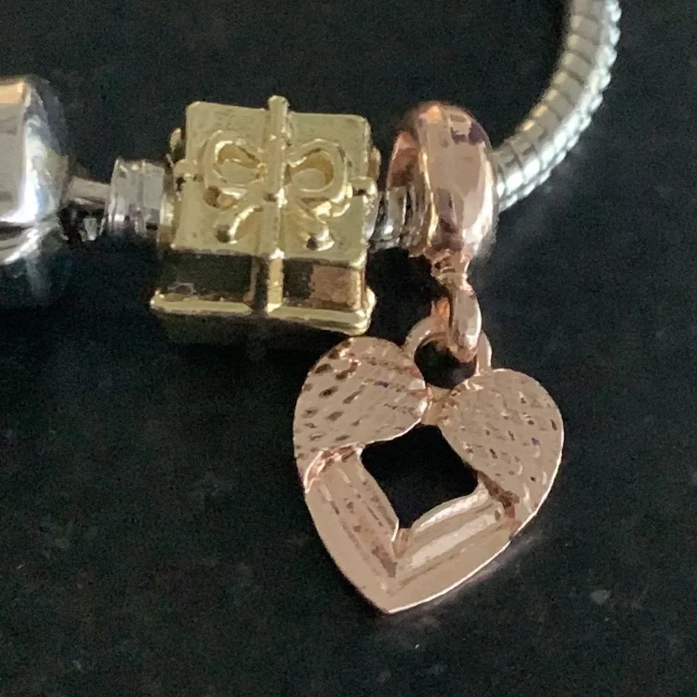 Mixed Metal Tone Charm Bracelet with Heart, Flower & Bead Charms